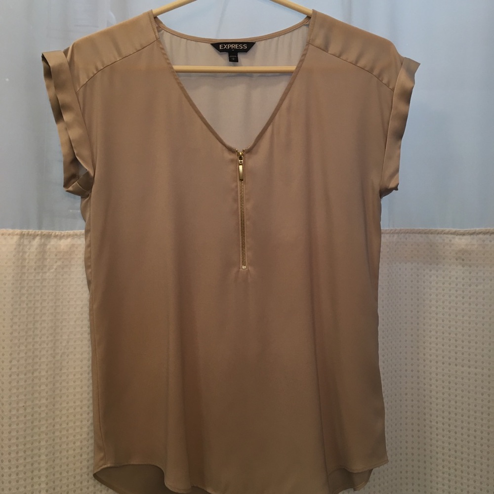 Express women’s silky zip front v-neck champagne
